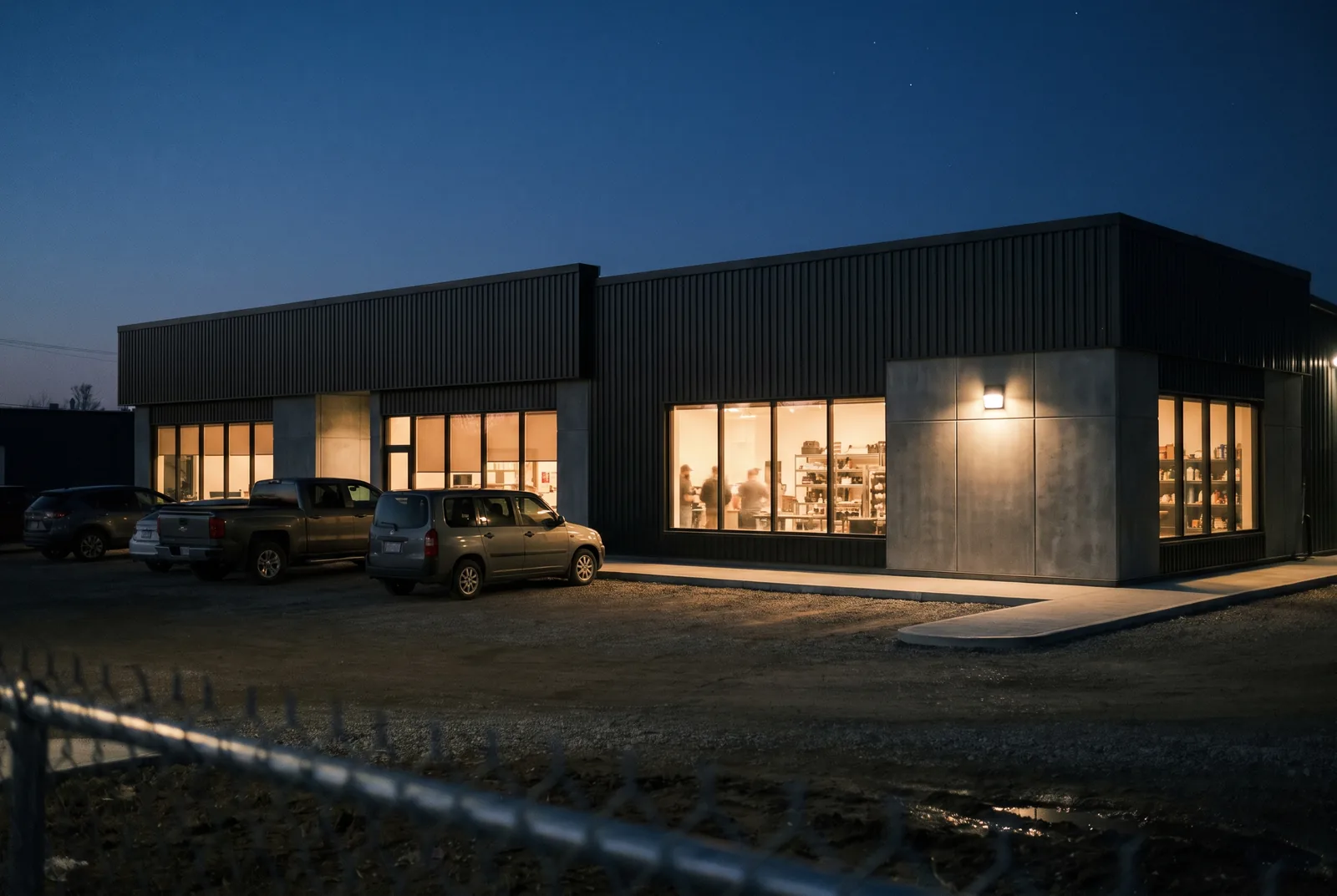 A small commercial building at dusk with its interior lit and vehicles parked outside