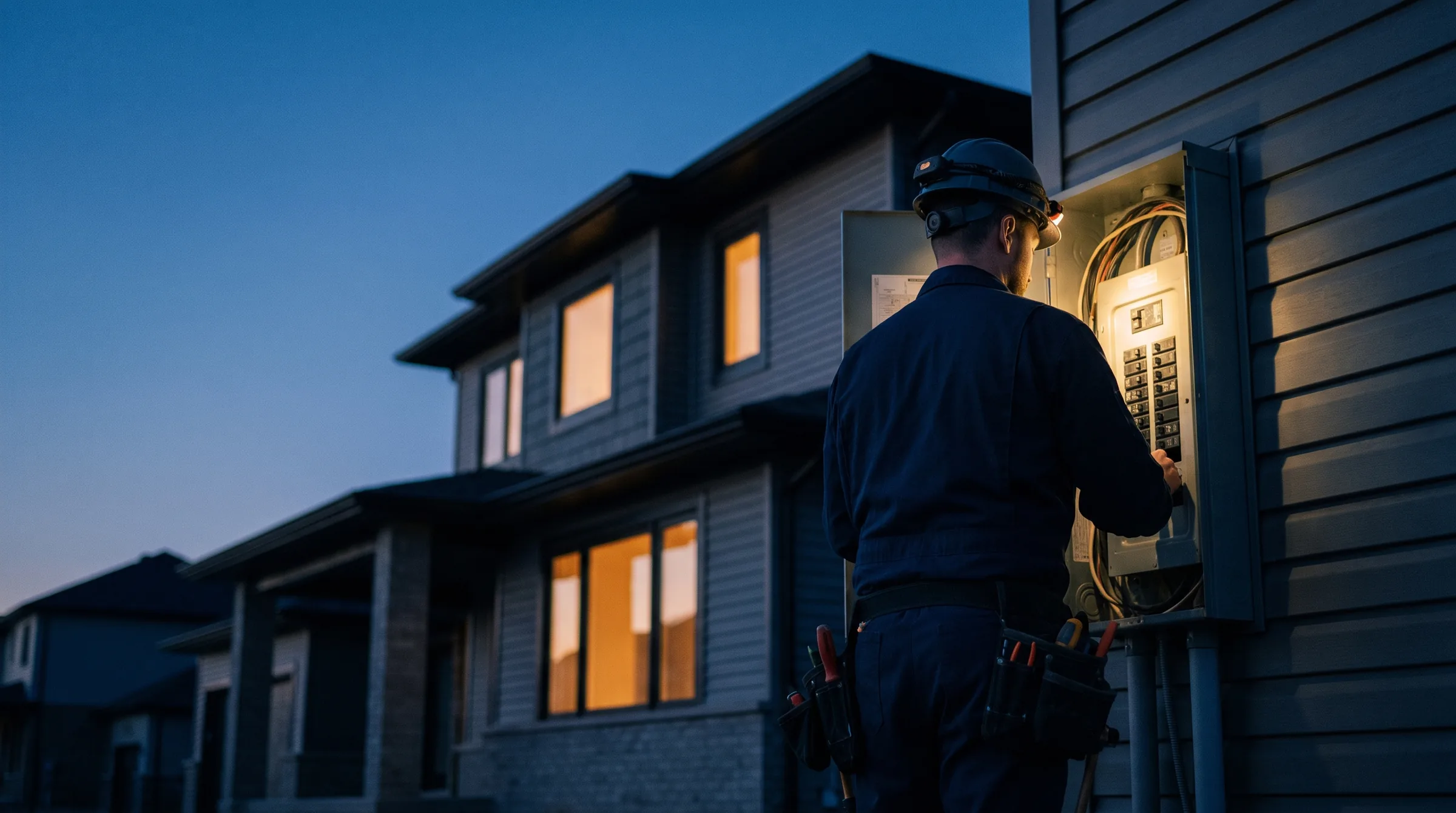 A Baumer's electrician working at an exterior electrical service panel on a home at dusk