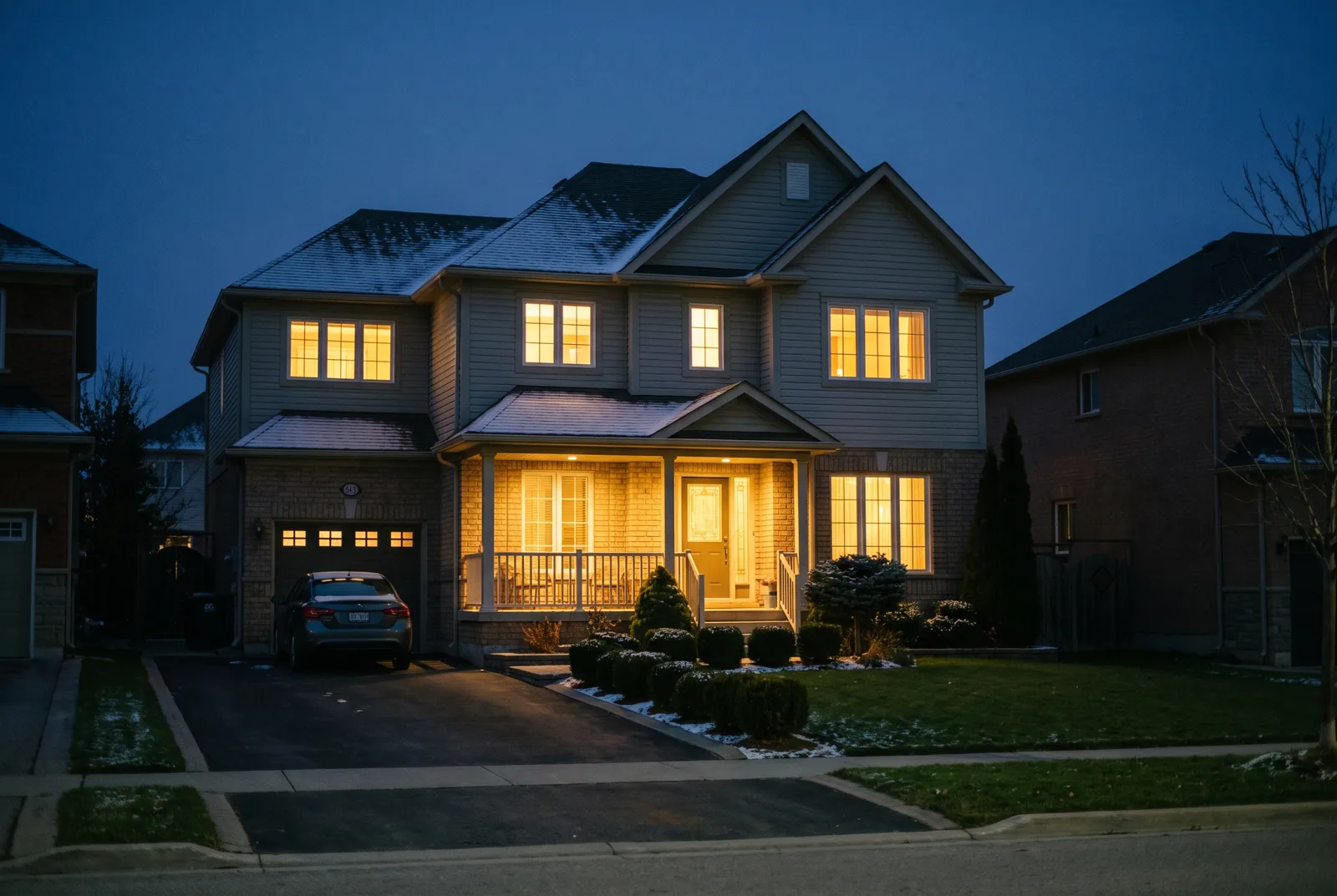 A family home at dusk with warm light glowing from every window