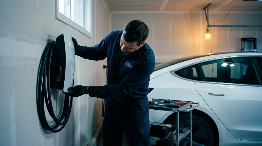 Electrician installing a Tesla Wall Connector EV charger in a residential garage beside an electric car