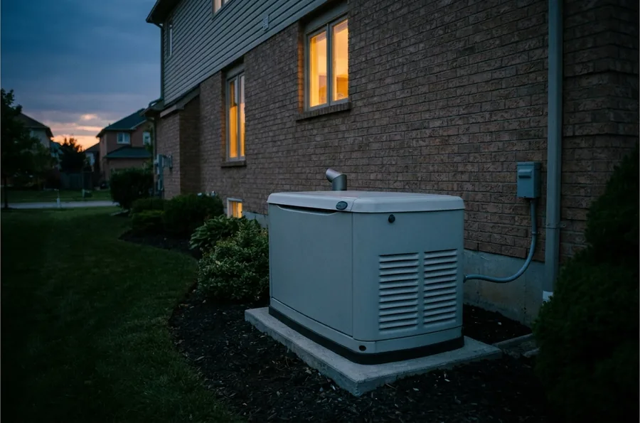 Air-cooled standby generator installed on a concrete pad beside a home at dusk