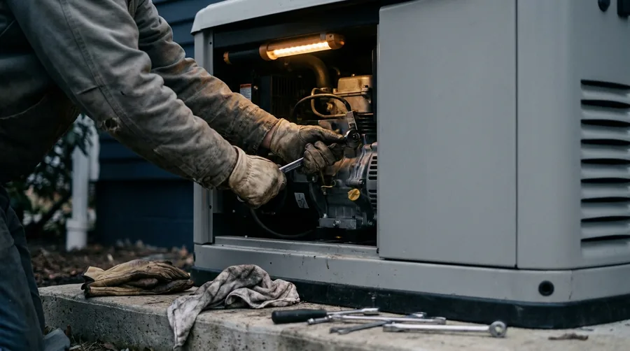 Technician servicing the engine of a standby generator with its access panel open