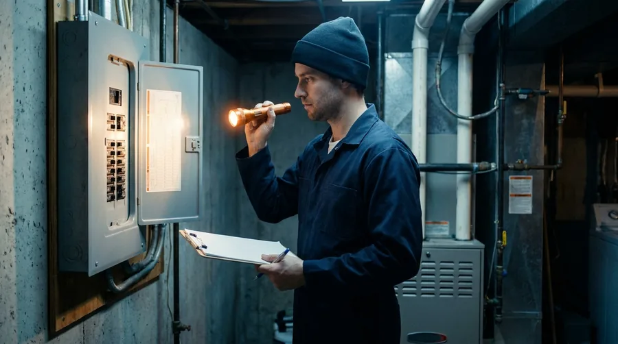 Electrician inspecting a residential electrical panel with a flashlight and clipboard