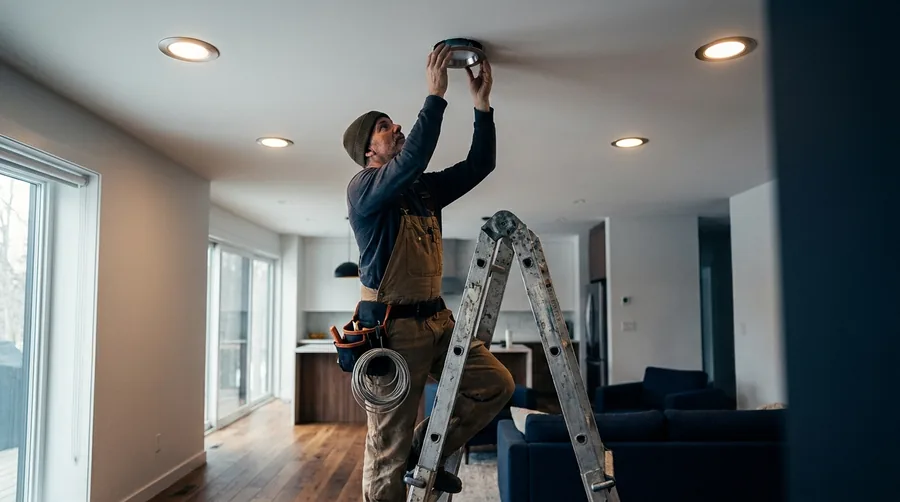 Electrician on a ladder installing a recessed pot light in a home ceiling