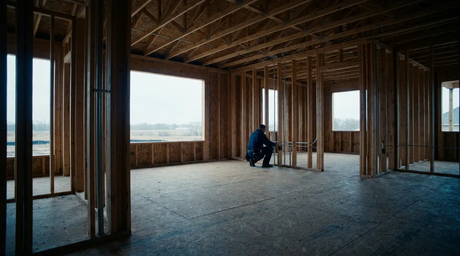 Electrician working inside the timber framing of a building under construction