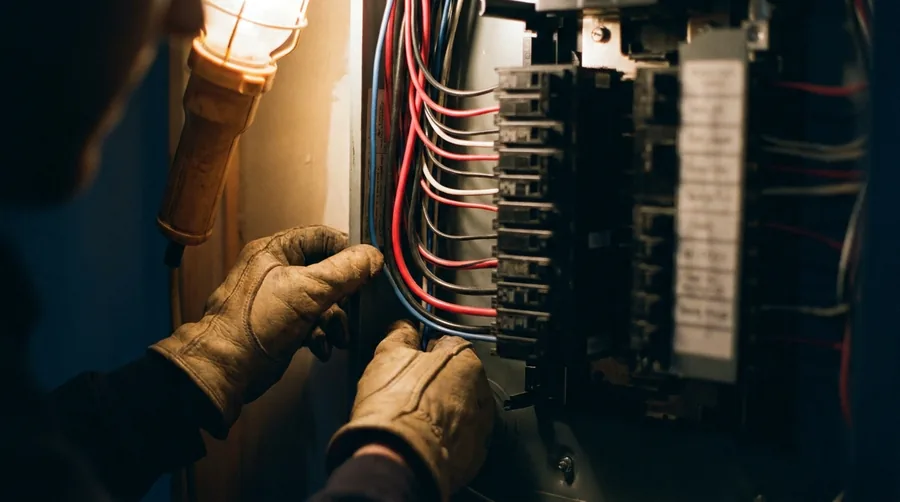 Electrician's hands dressing neat rows of wiring inside an open circuit breaker panel