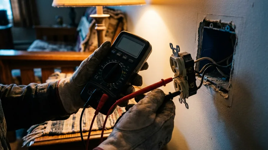 Electrician testing a wall outlet with a digital multimeter