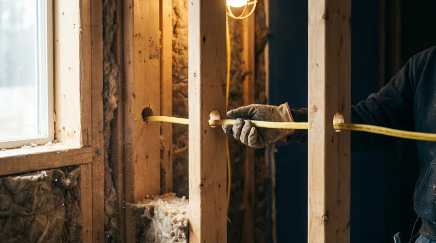 Electrician running electrical cable through bored holes in timber wall studs